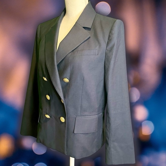 Frame Denim Navy Blue ‘Shrunken Linen-Blend Double-Breasted Blazer’ Size 6 - Picture 8 of 16